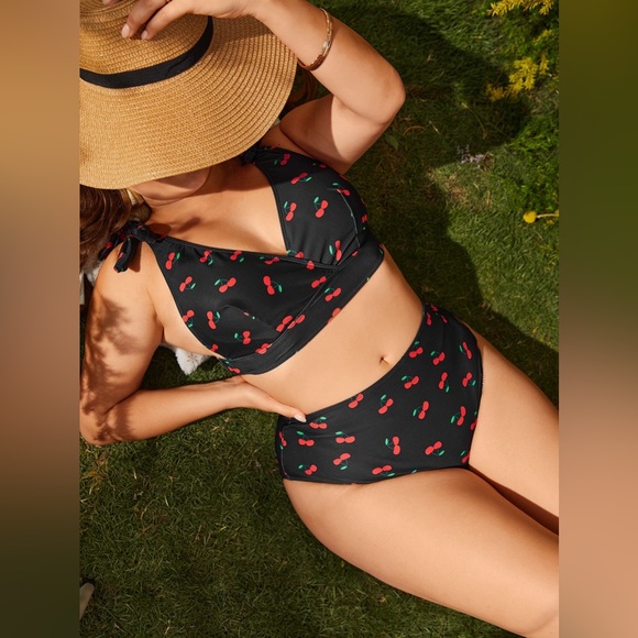 SHEIN Swim Mod Plus Cherry Print Knot Shoulder Bikini Swimsuit - Picture 2 of 4